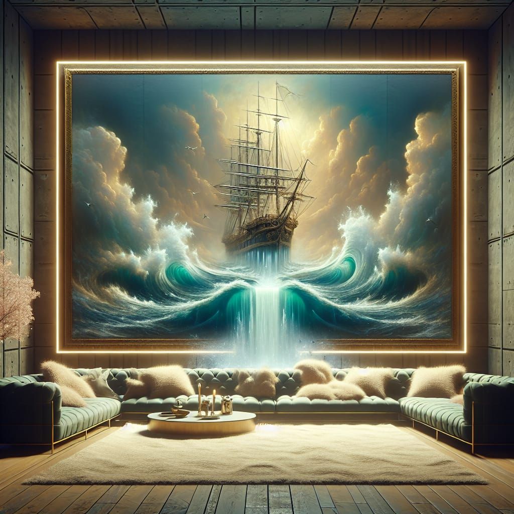 Mystical Ship Painting Waterfall in Romantic Style
