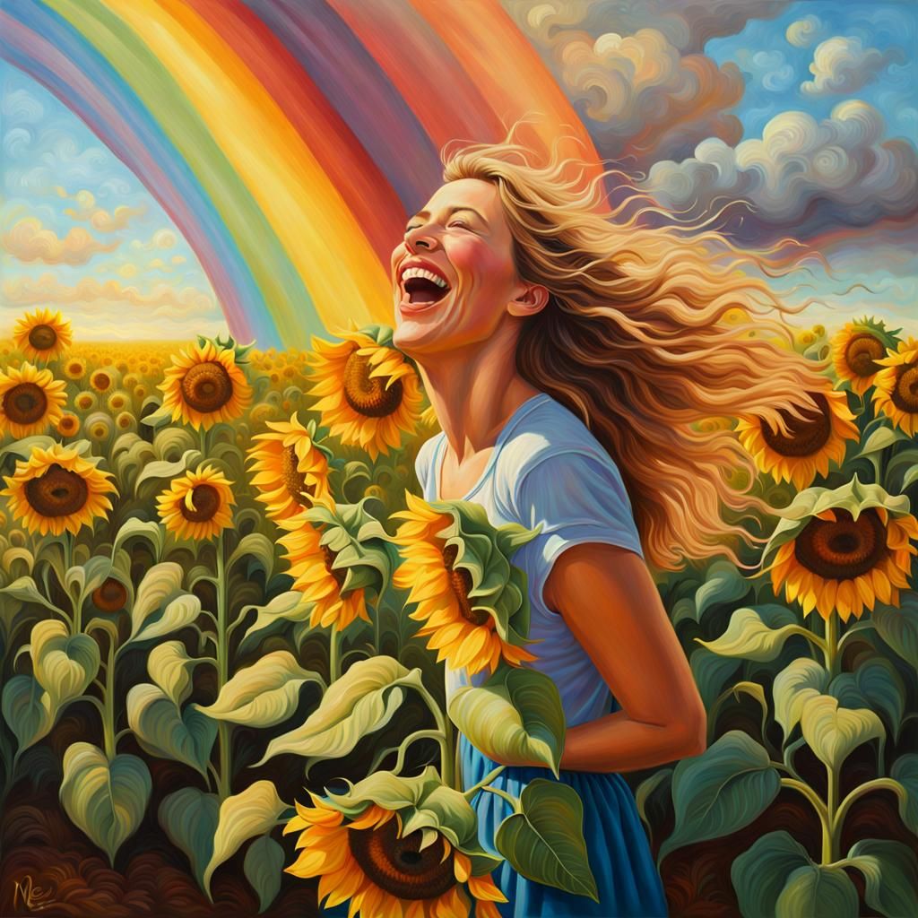 Woman Laughing in Sunflower Field with Rainbow