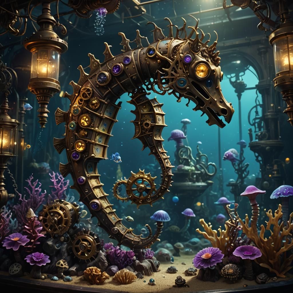 Steampunk Seahorse Aquarium with Alien Creatures