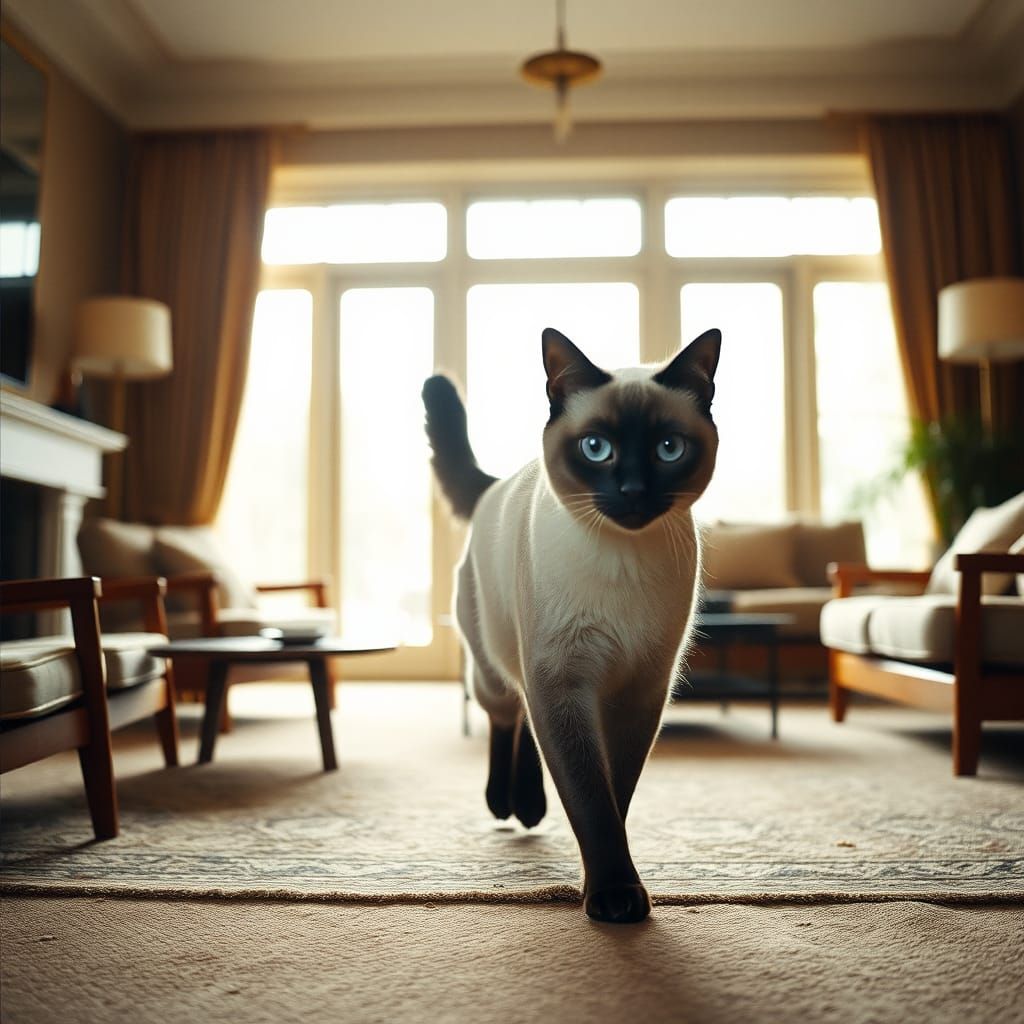 Siamese Cat Walks in Elegant Denmark House: Cinematic Still