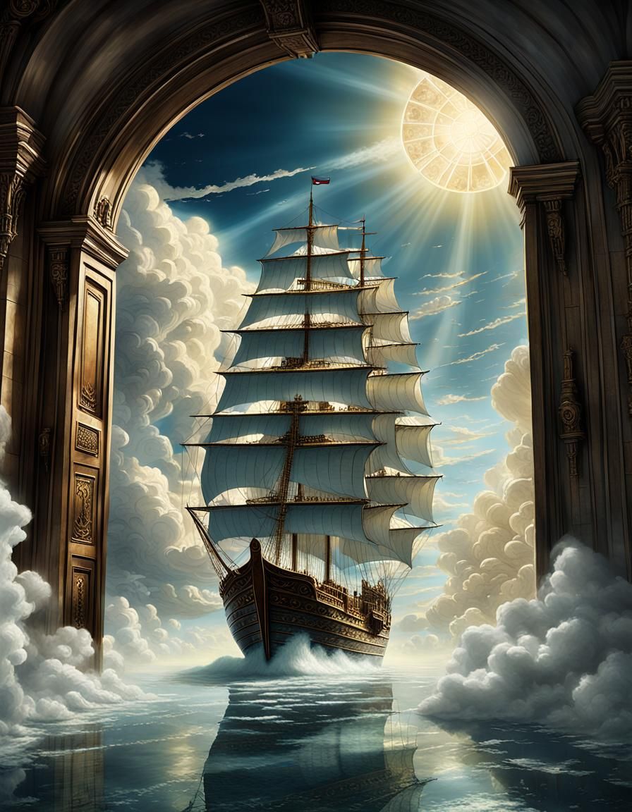 Heavenly Boat Approaches the Gate in Fantasy Art