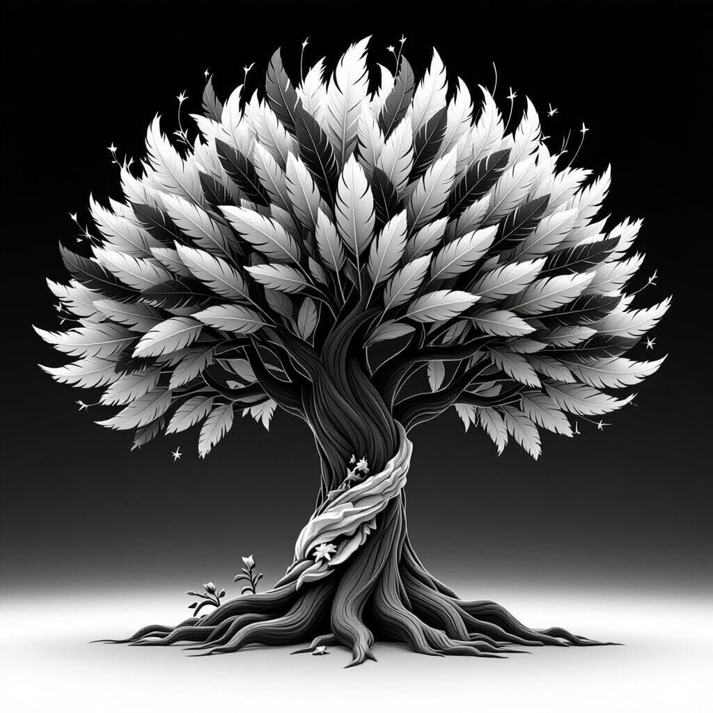 Fantasy Tree with Bird Feather Crown in Black and White