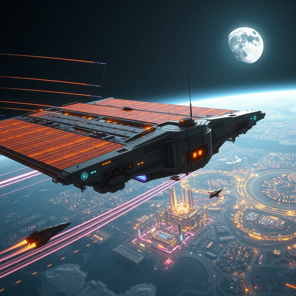 Cyberpunk Space Station Orbits High-Tech Earth