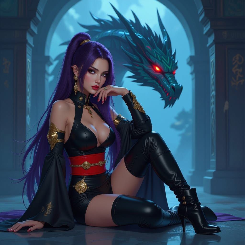 Elegant Woman with Mech-Dragon in Neon-Lit Futurism