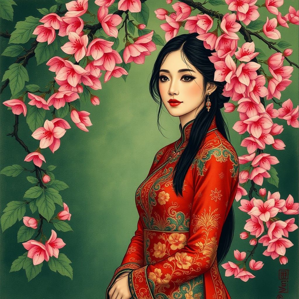 Asian Woman in Cheongsam, Art Nouveau Style