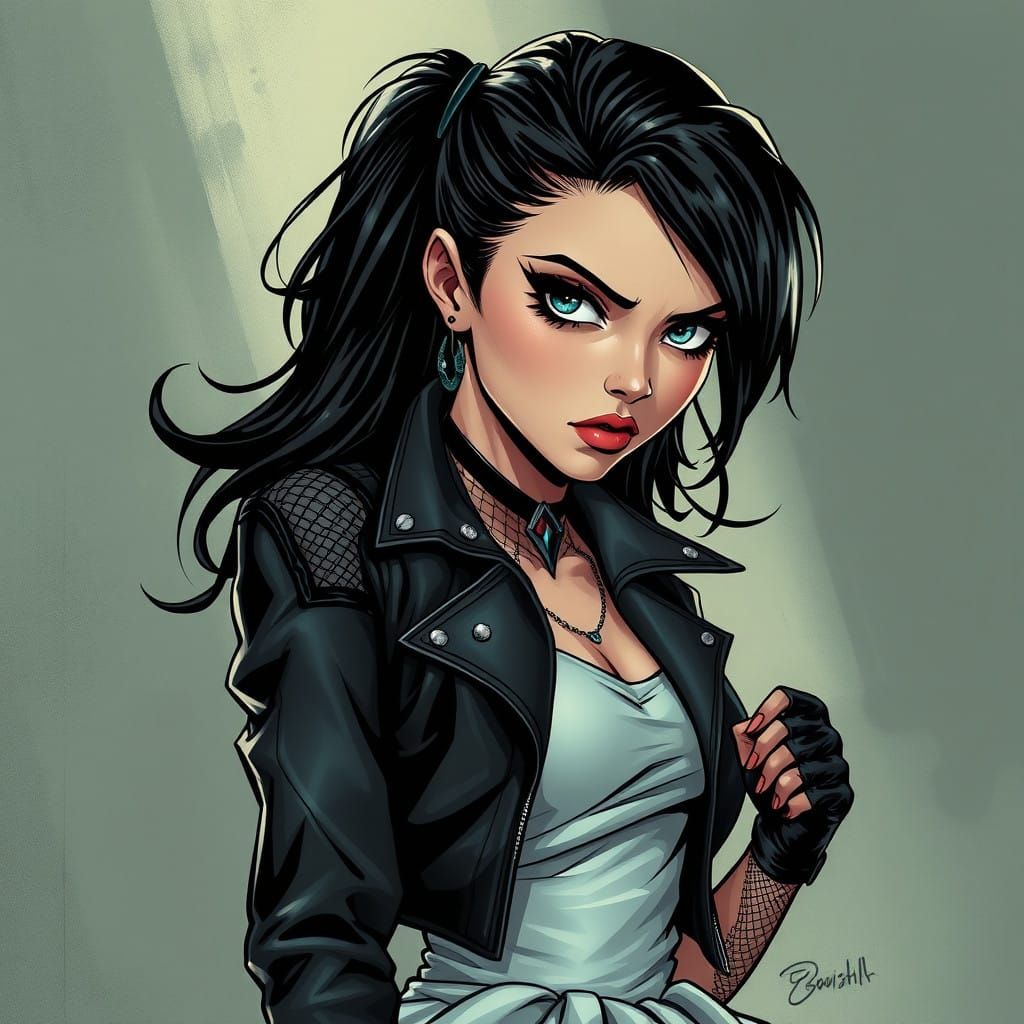 Confident Rebellious Girl in Leather Jacket Art