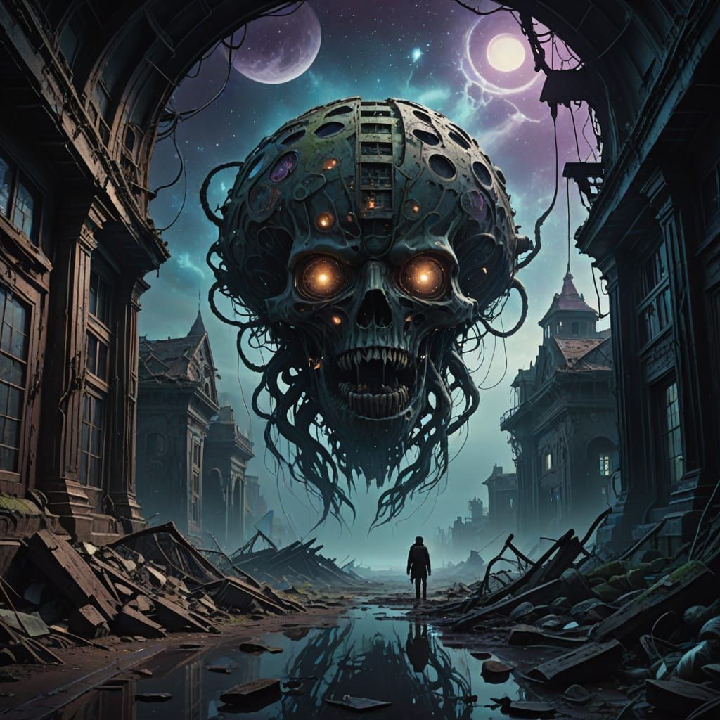 Cosmic Horror Realm Guardian in Eerie, Abandoned Landscape