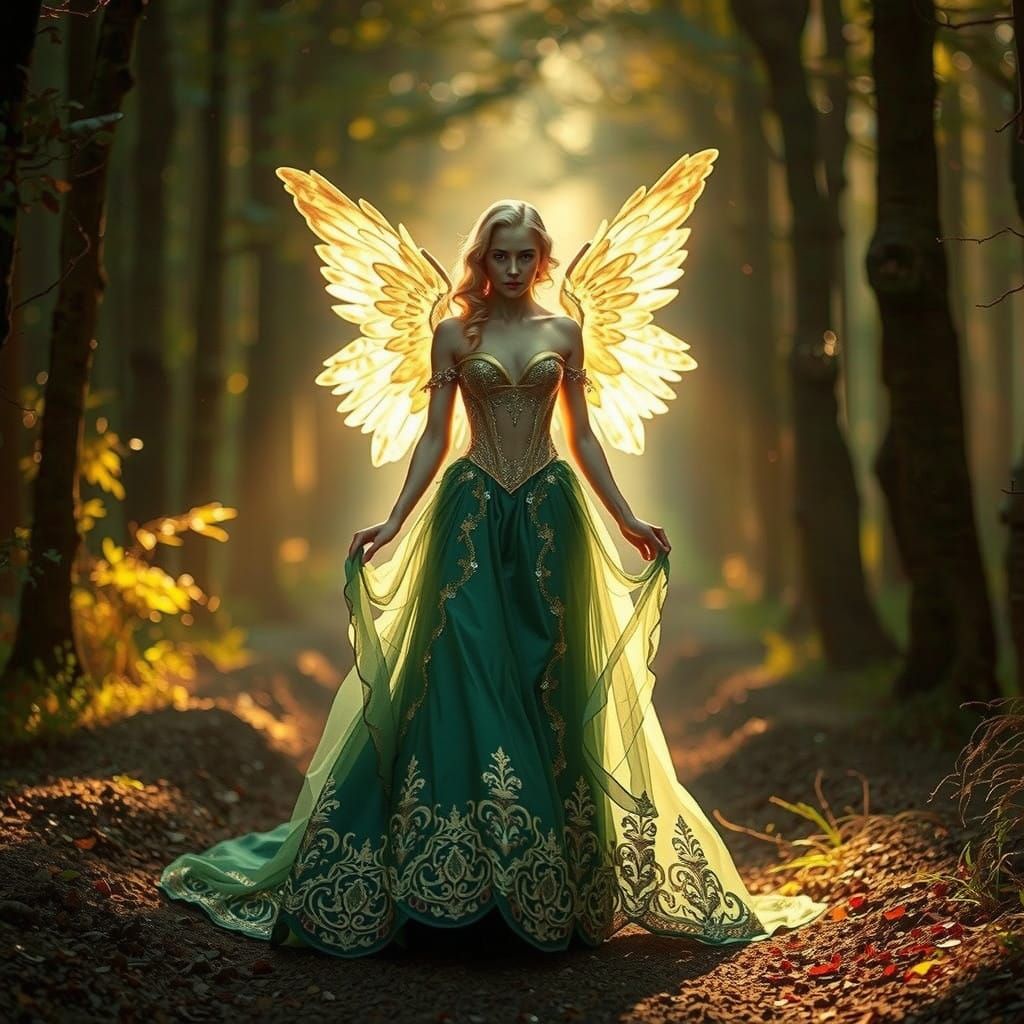 Ethereal Angel Walks Through a Golden Forest
