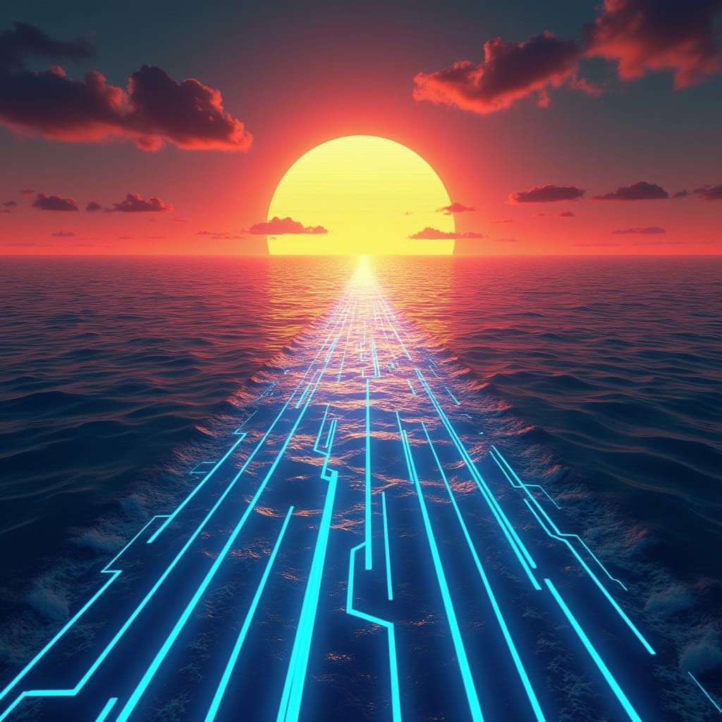 Cyberpunk Sun Illuminates Arcane Ocean Depths