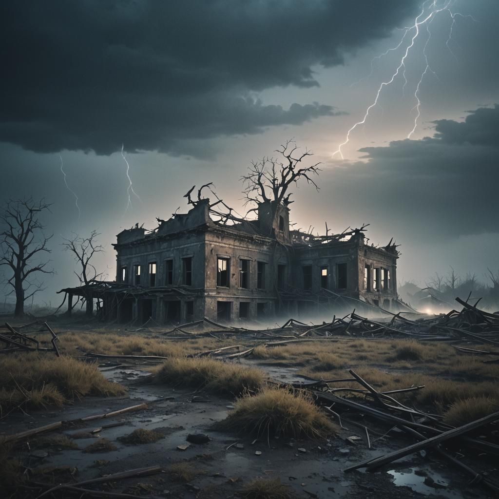 Ethereal Abandoned Landscape with Glowing Mist