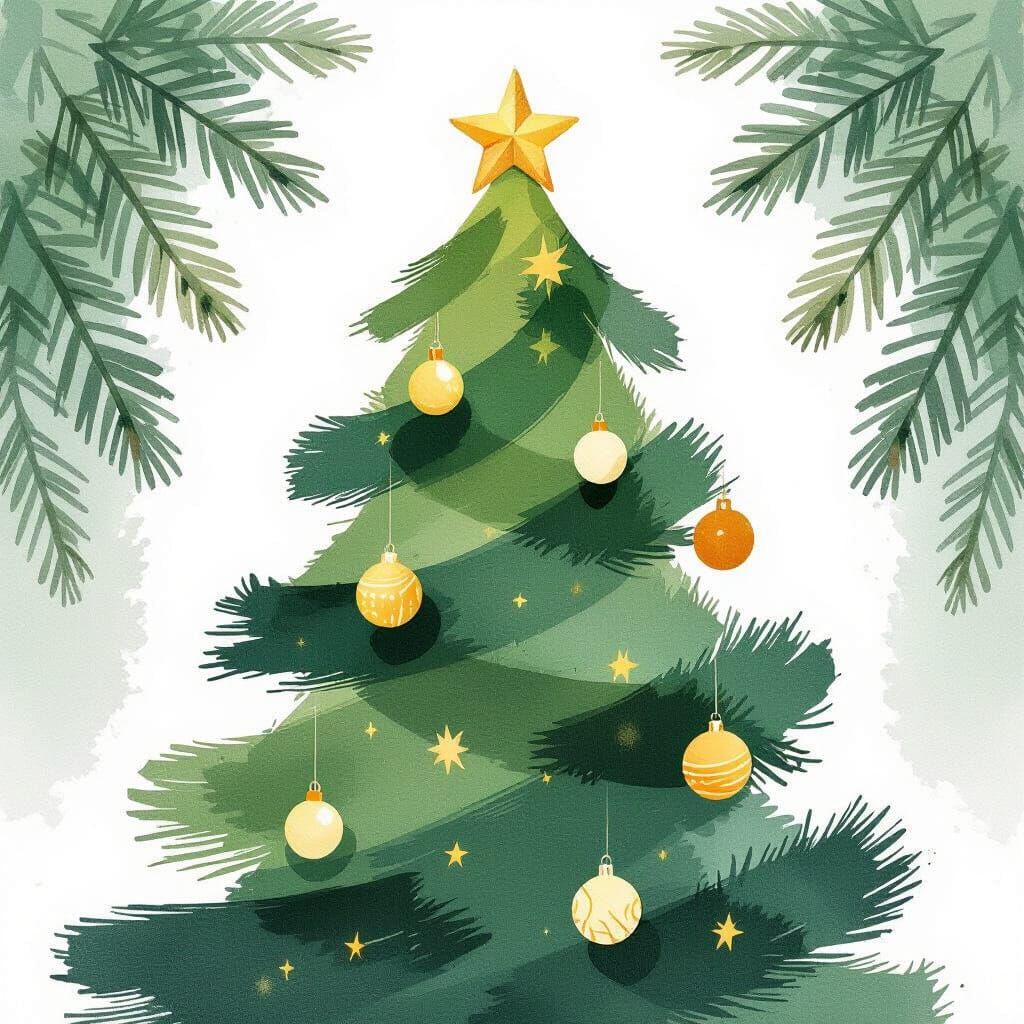 Expressive Brushstroke Christmas Tree with Golden Ornaments