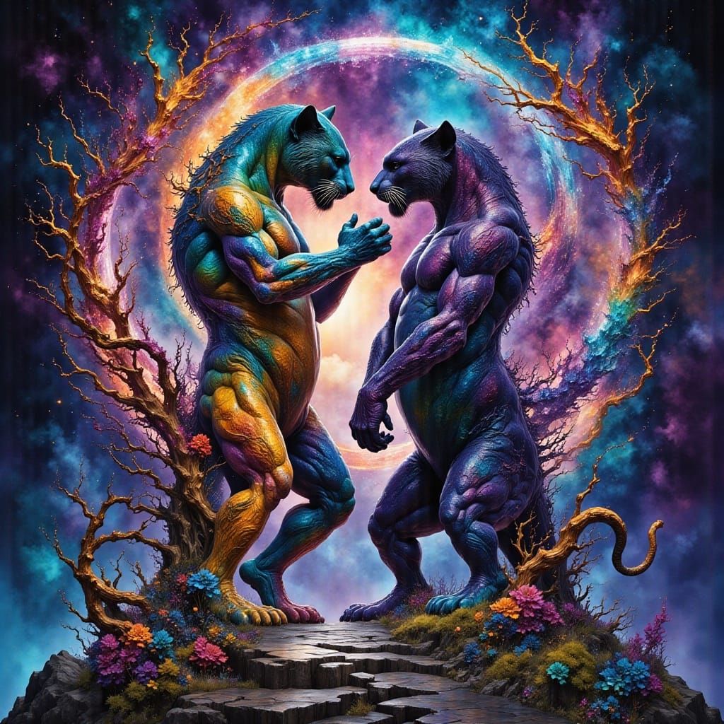 Surreal Tiger and Panther in Harmonious Balance, Fantasy Con...