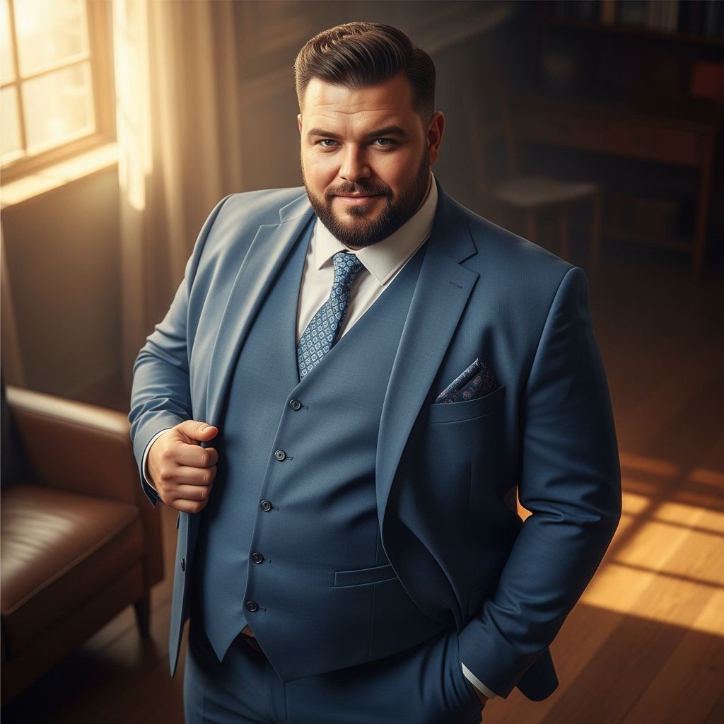 Confident Man in Suit with Large Belly