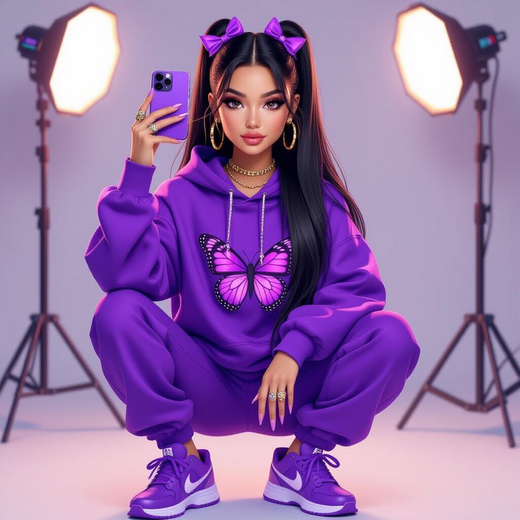 Fashionable Woman in Purple Hoodie with Butterfly Design