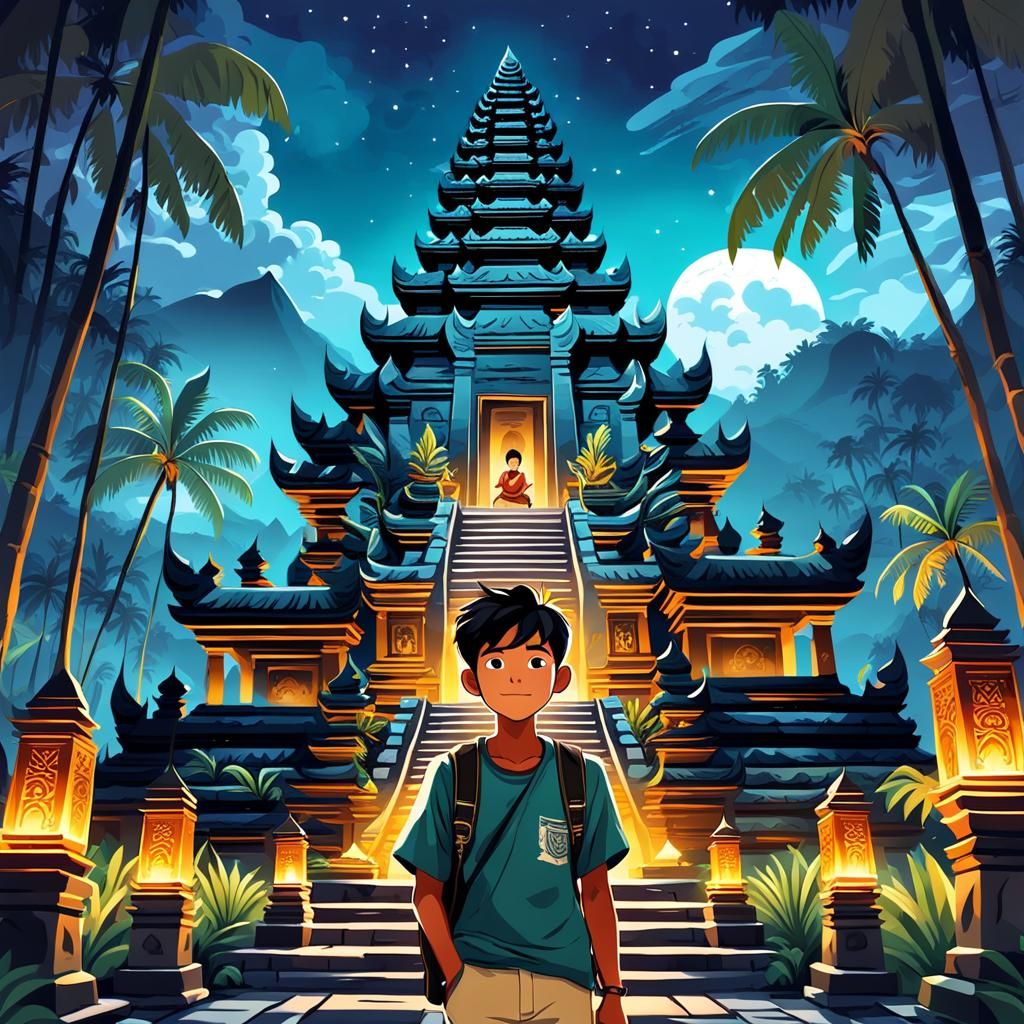 Cute Indonesian Boy's Bali Adventure Illustration