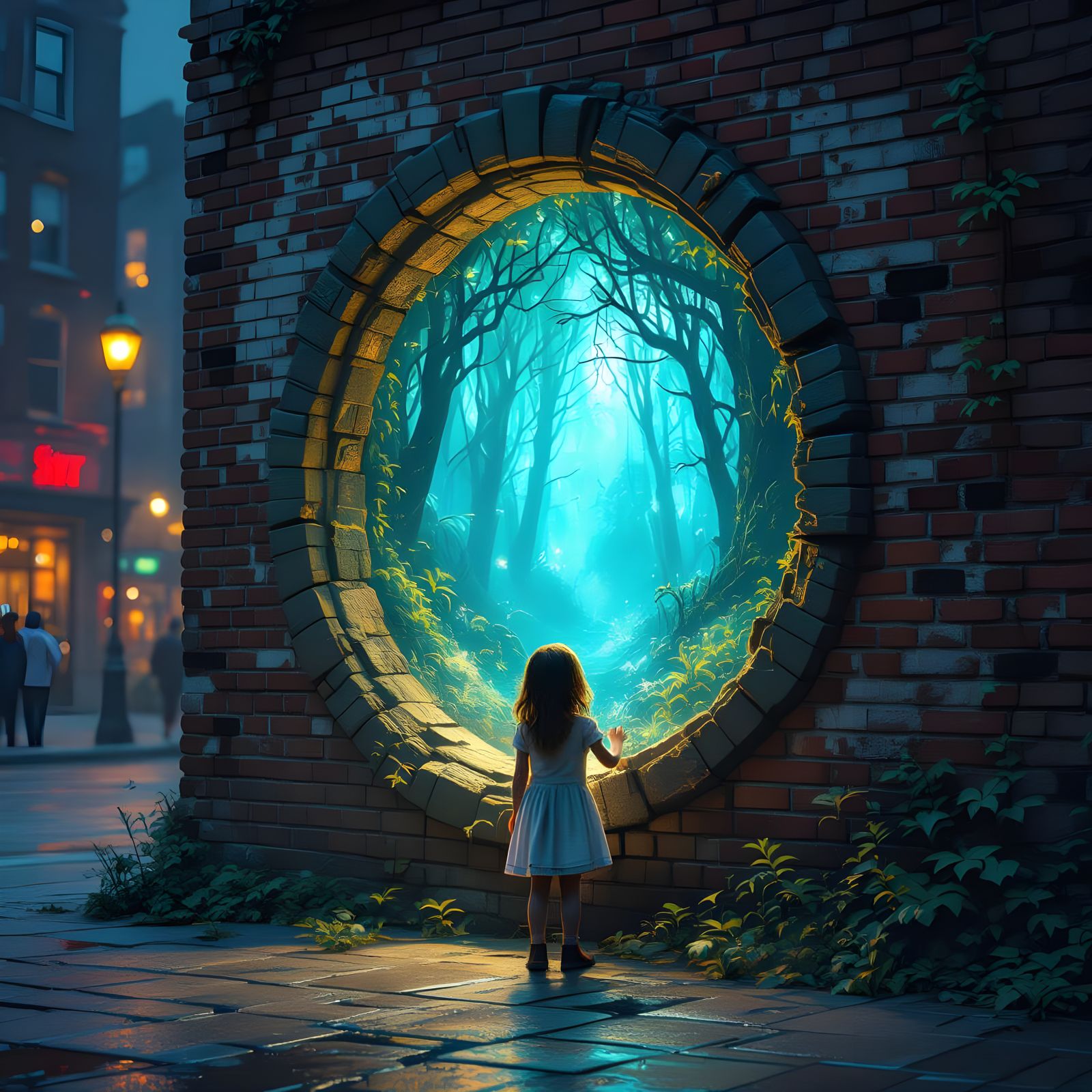 Girl Views Magical Forest Portal on City Street