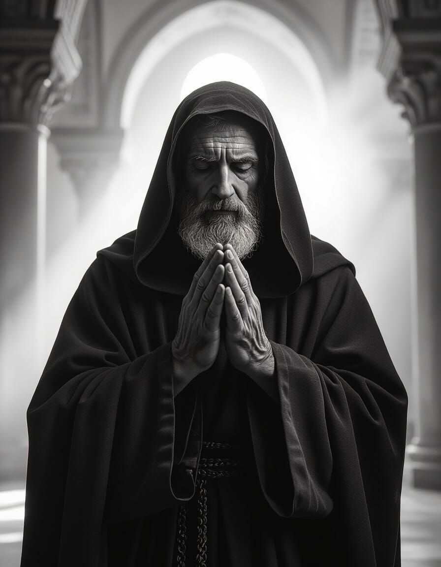 Monk Praying in Monastery: Black and White Chiaroscuro