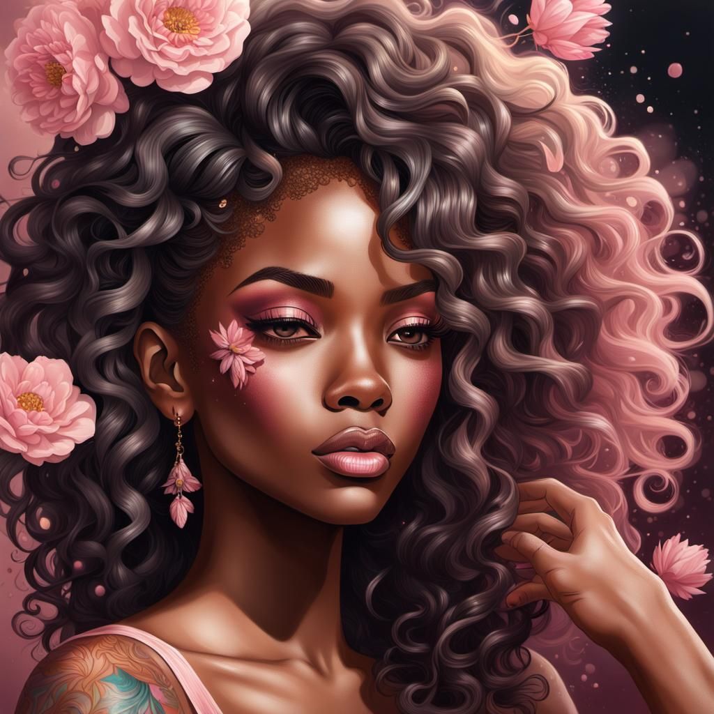 Black Woman with Pink Hair and Spring Tattoo