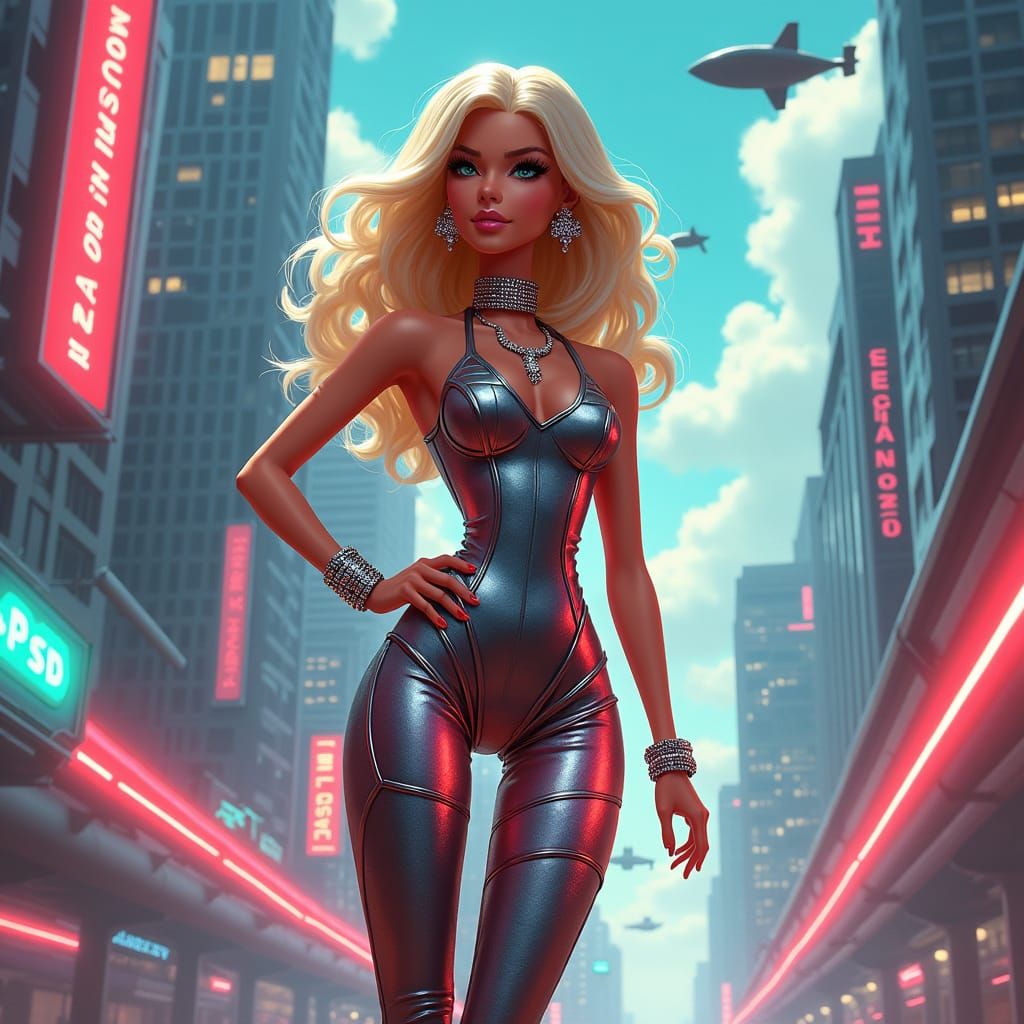 Jetsons-Inspired Cityscape with Barbie in Retro-Futuristic S...