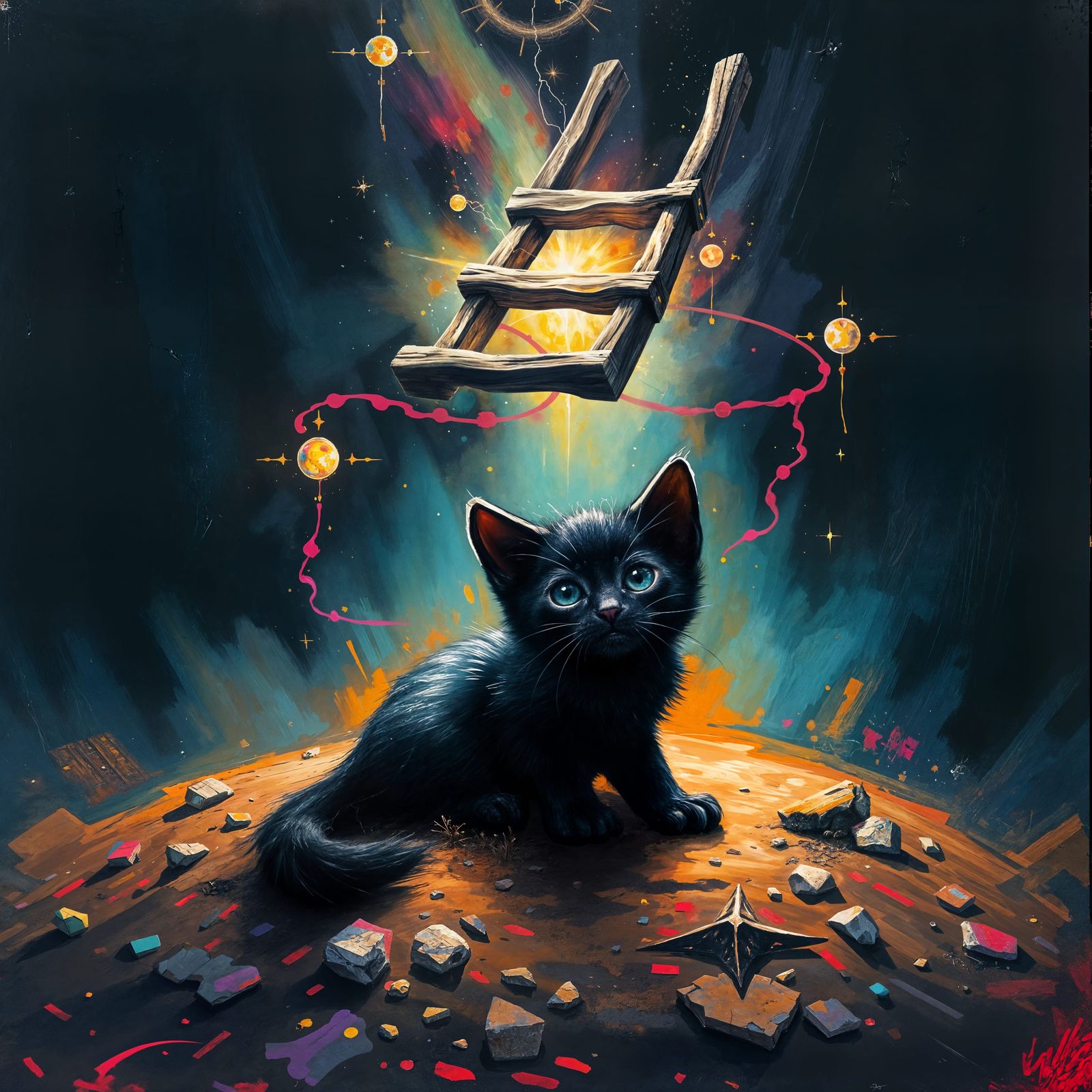Kitten Under Floating Ladder: Magical Graffiti Concept Art