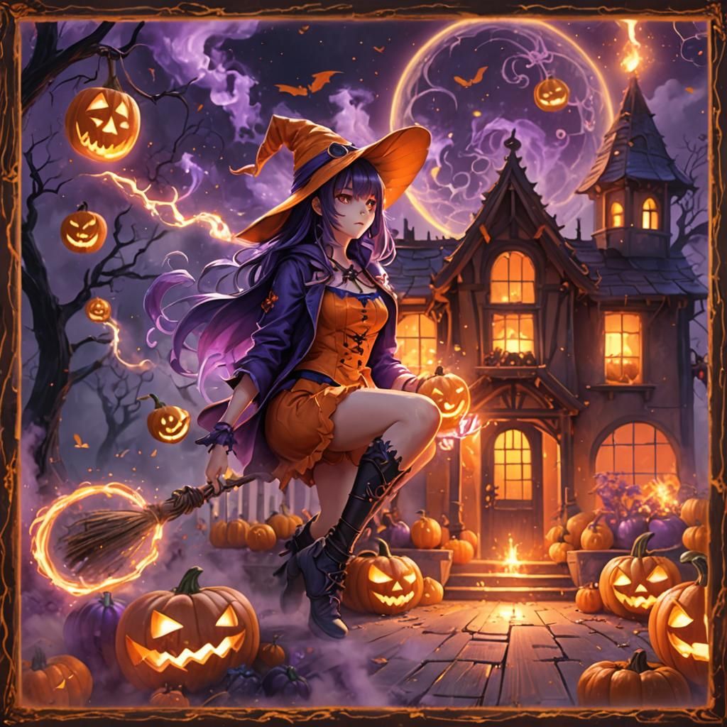 Anime Sorceress Casting Spell with Jack O'Lanterns