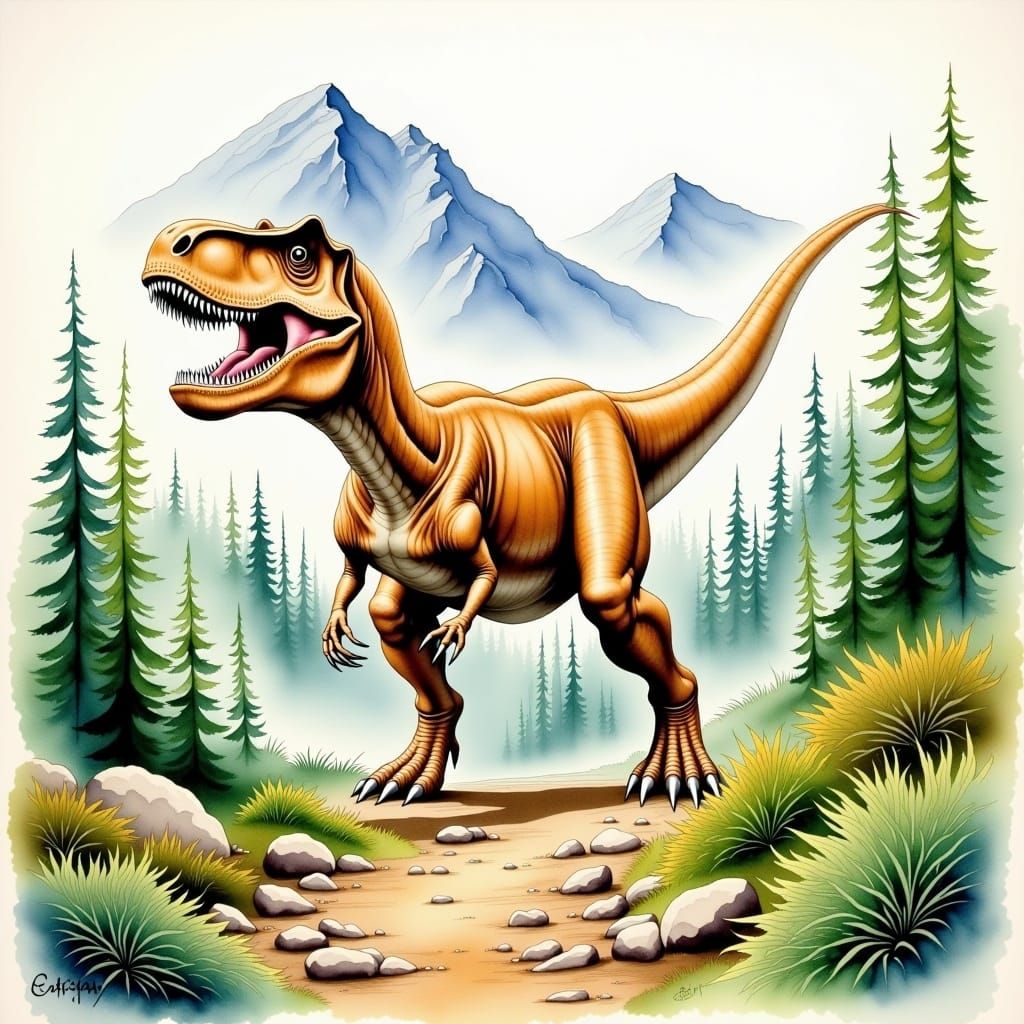 Aged Tyrannosaurus Rex in Watercolour Landscape