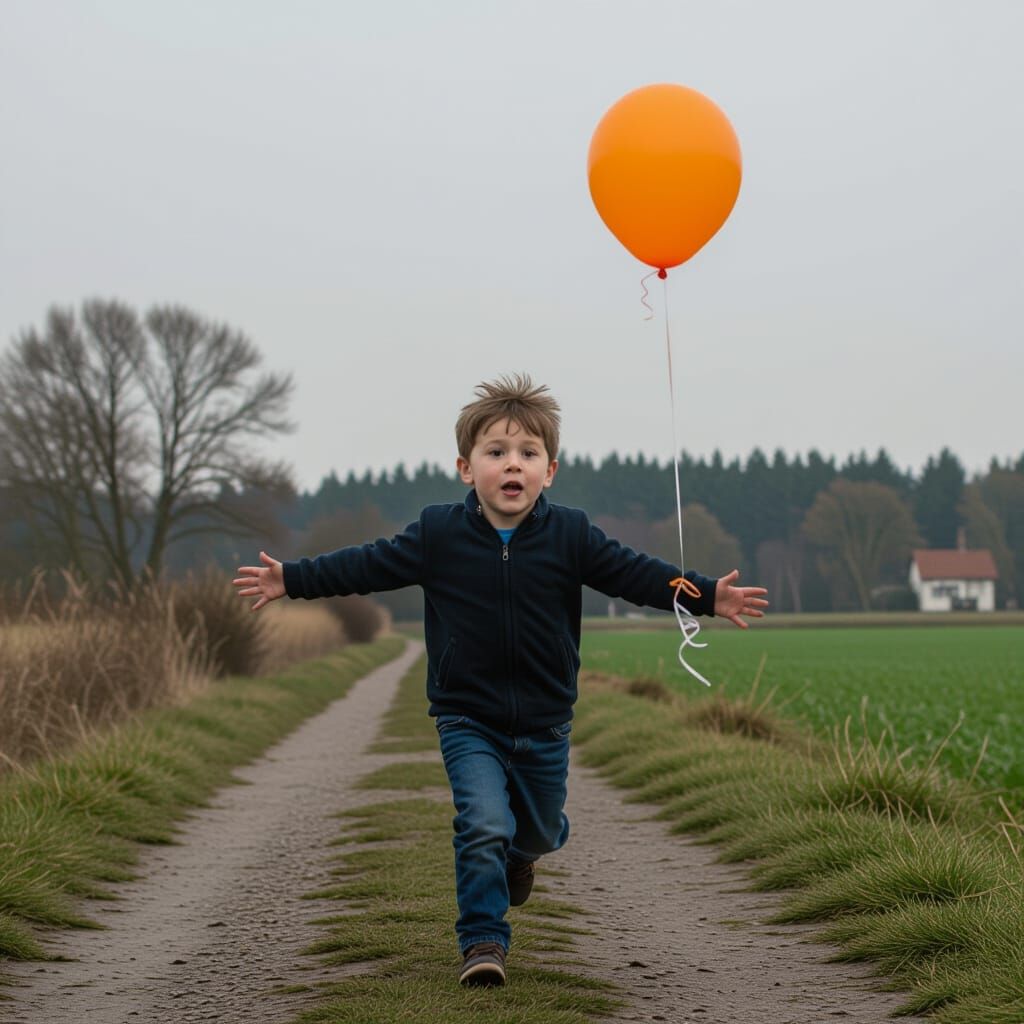 Boy Chasing Balloon in Surreal Comedic Scene