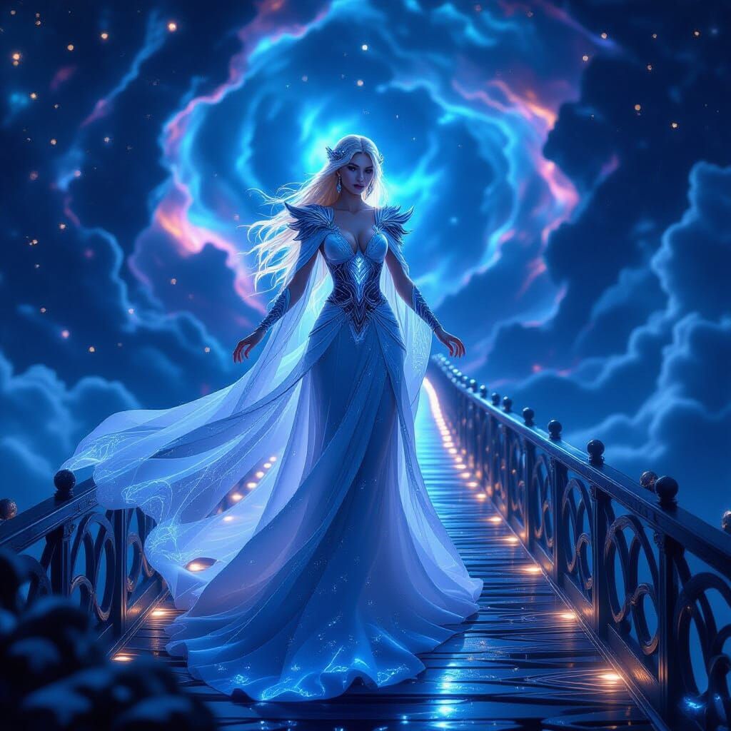 Norse Goddess on Celestial Bridge in Cosmic Style