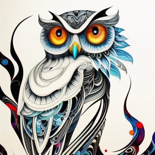 Majestic White Owl in Flowing Black Ink