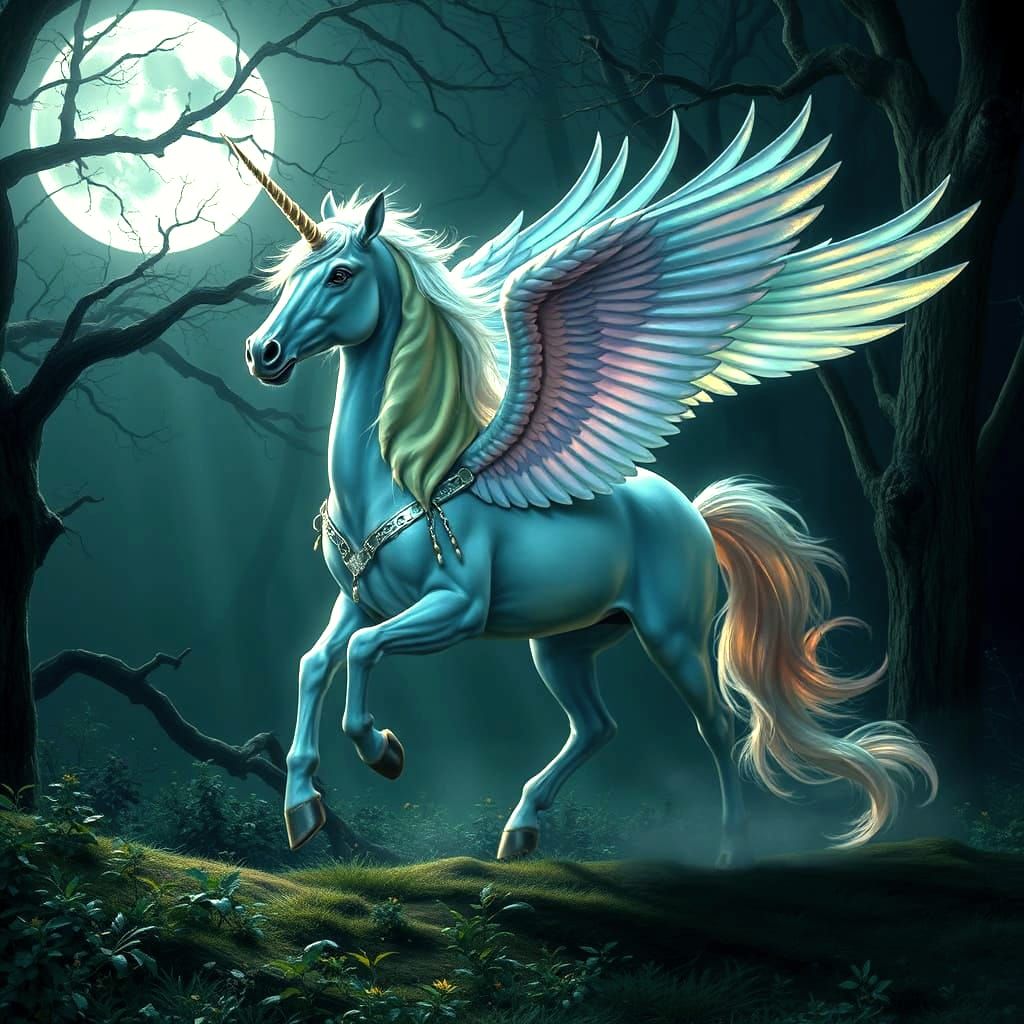 Winged Unicorn in Moonlit Forest: Hyper-Realistic Matte Pain...