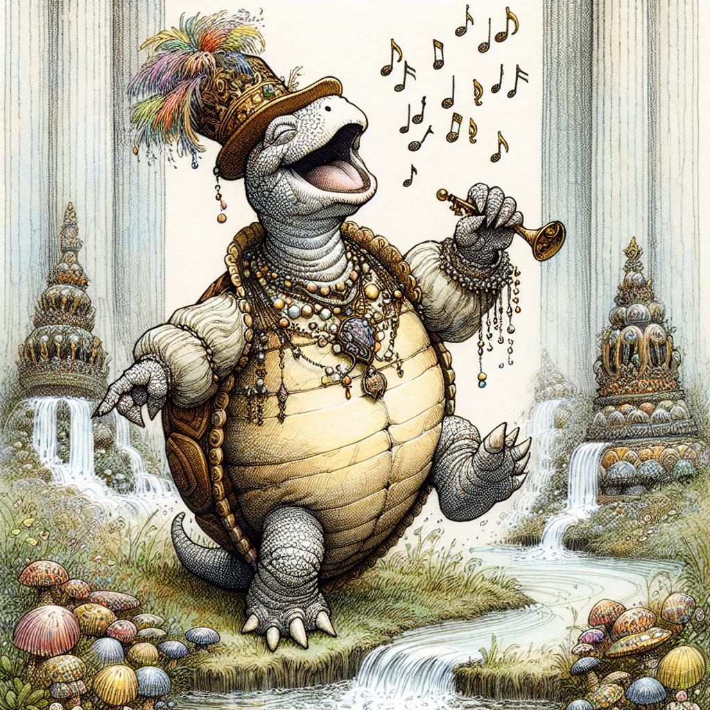 Joyful Turtle Croons a Tune in Fantasy Tapestry
