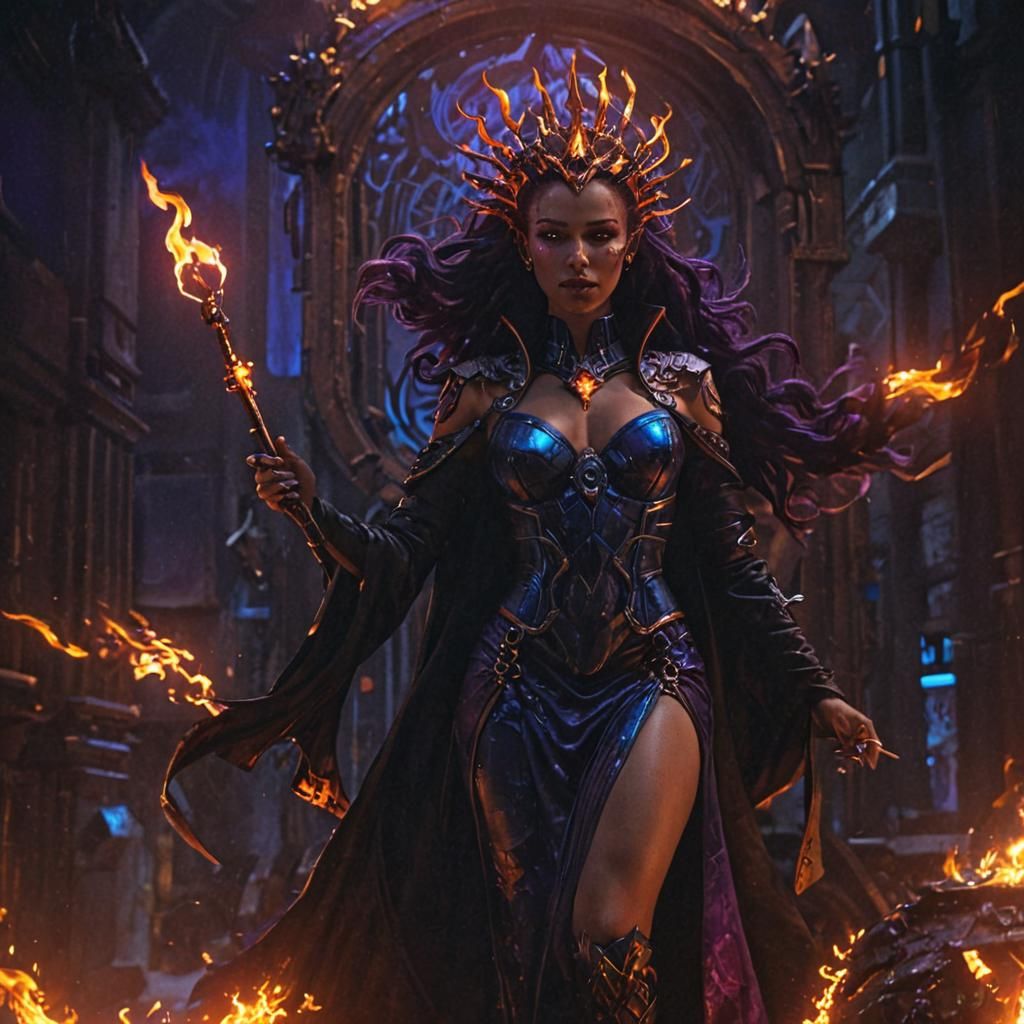 Hekate in Fantasy-Cyberpunk Style with Flaming Crown