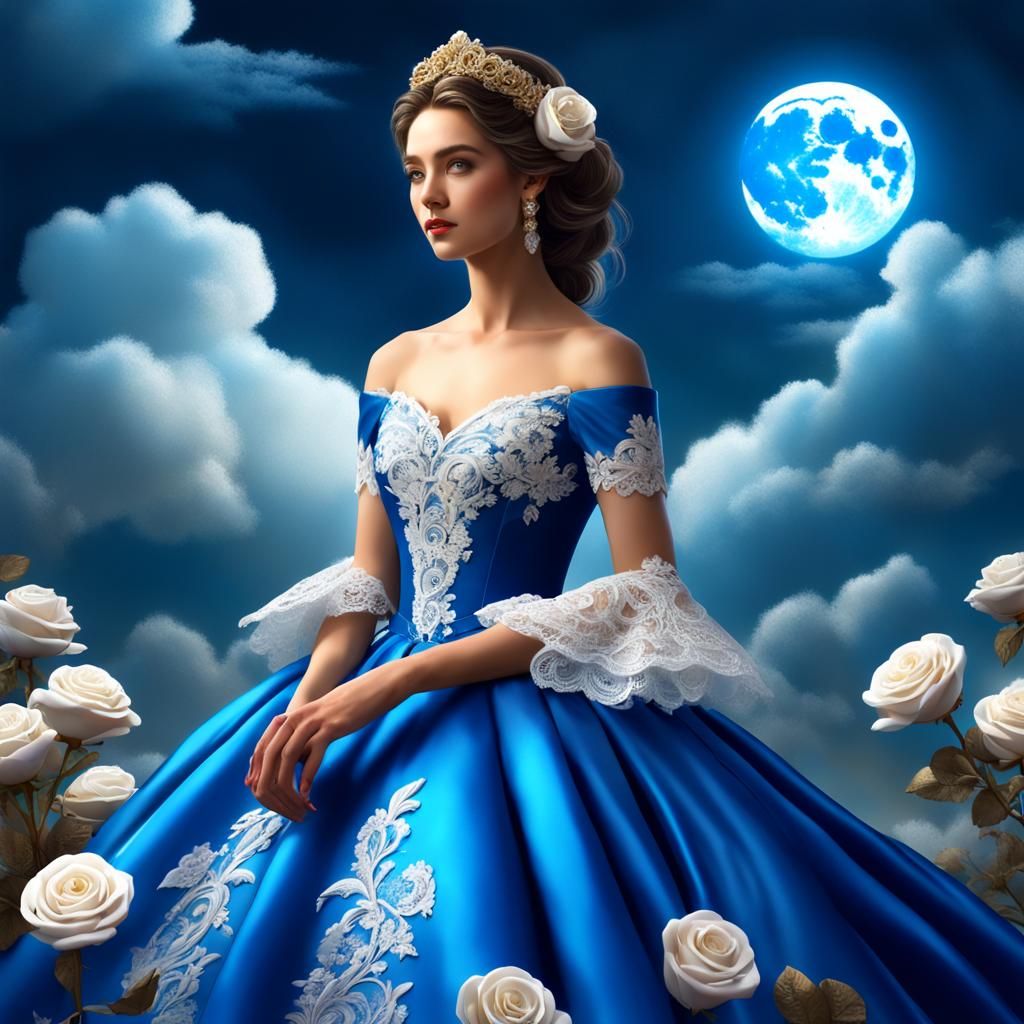Woman in Blue Gown with Roses, 8k Ethereal Fantasy