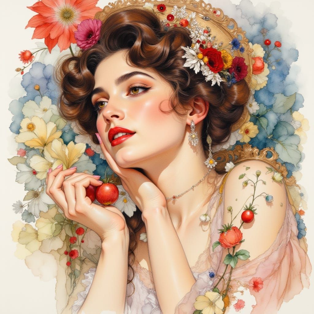 Sensual Woman Applying Makeup in Regency Watercolor Style