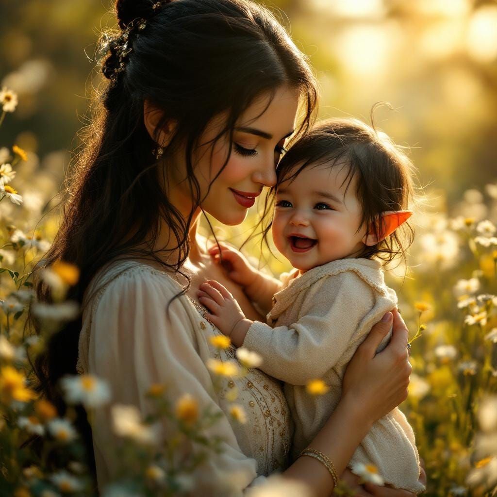 Woman and Half-Elf Baby in Sunlit Meadow