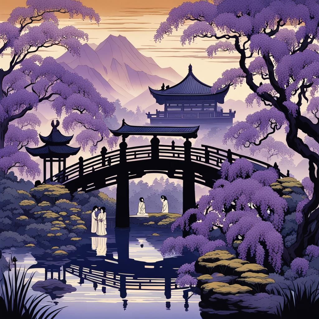 Ancient Chinese Girls in Wisteria Garden: Ukiyo-e Art