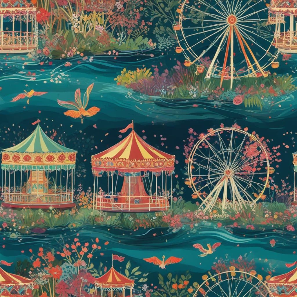 Enchanted Floral Carnival Scene with Twinkling Lights