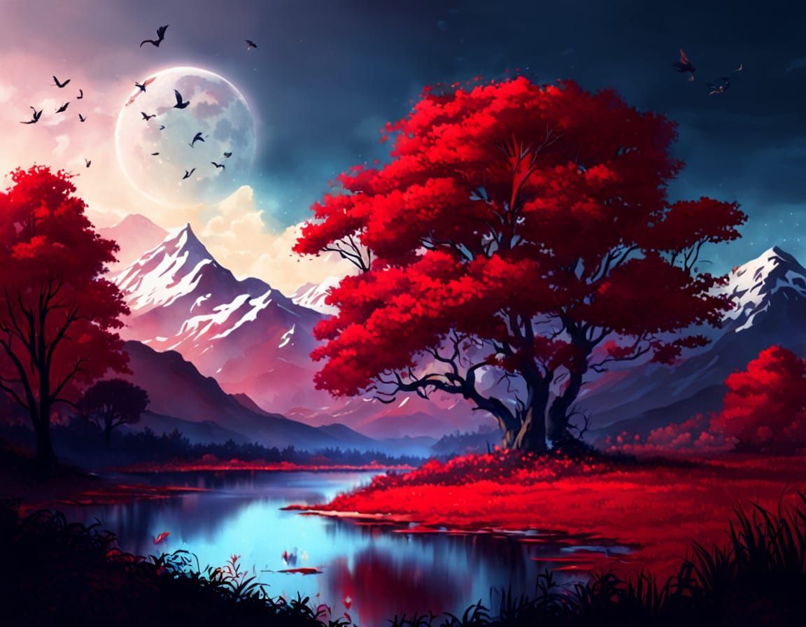 Magical Red Landscape Scene