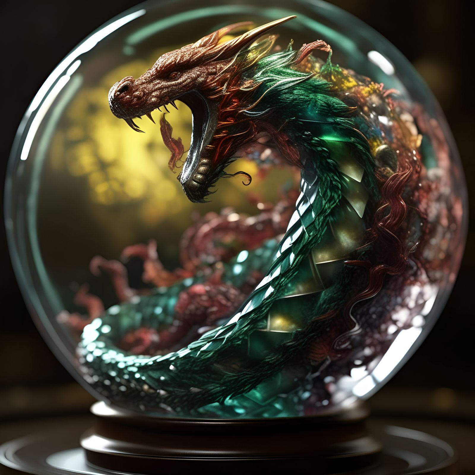 Serpentine Dragon in Glass Sphere: Photorealistic CGI Art