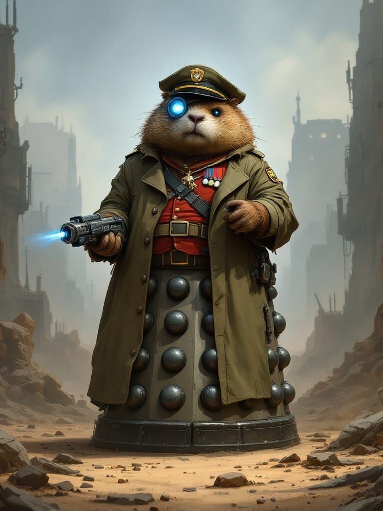 Dalek-Wombat Hybrid in War-Torn Wasteland, Gouache Style