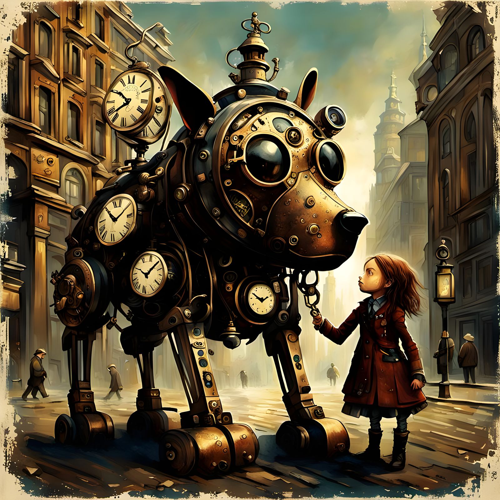 Clockwork Dog Helps Girl in Steampunk City
