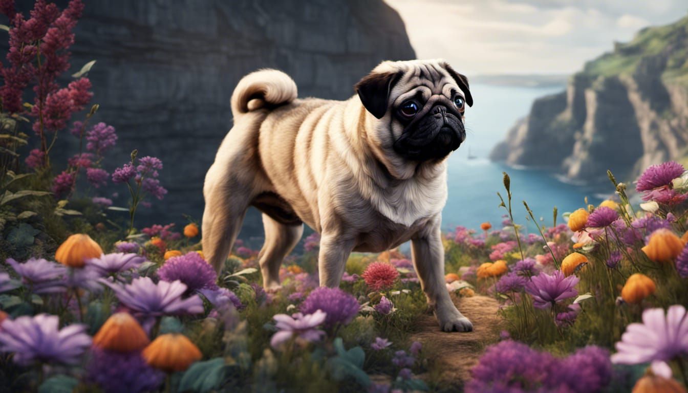 Pug on Cliff Trail in Detailed Matte Painting
