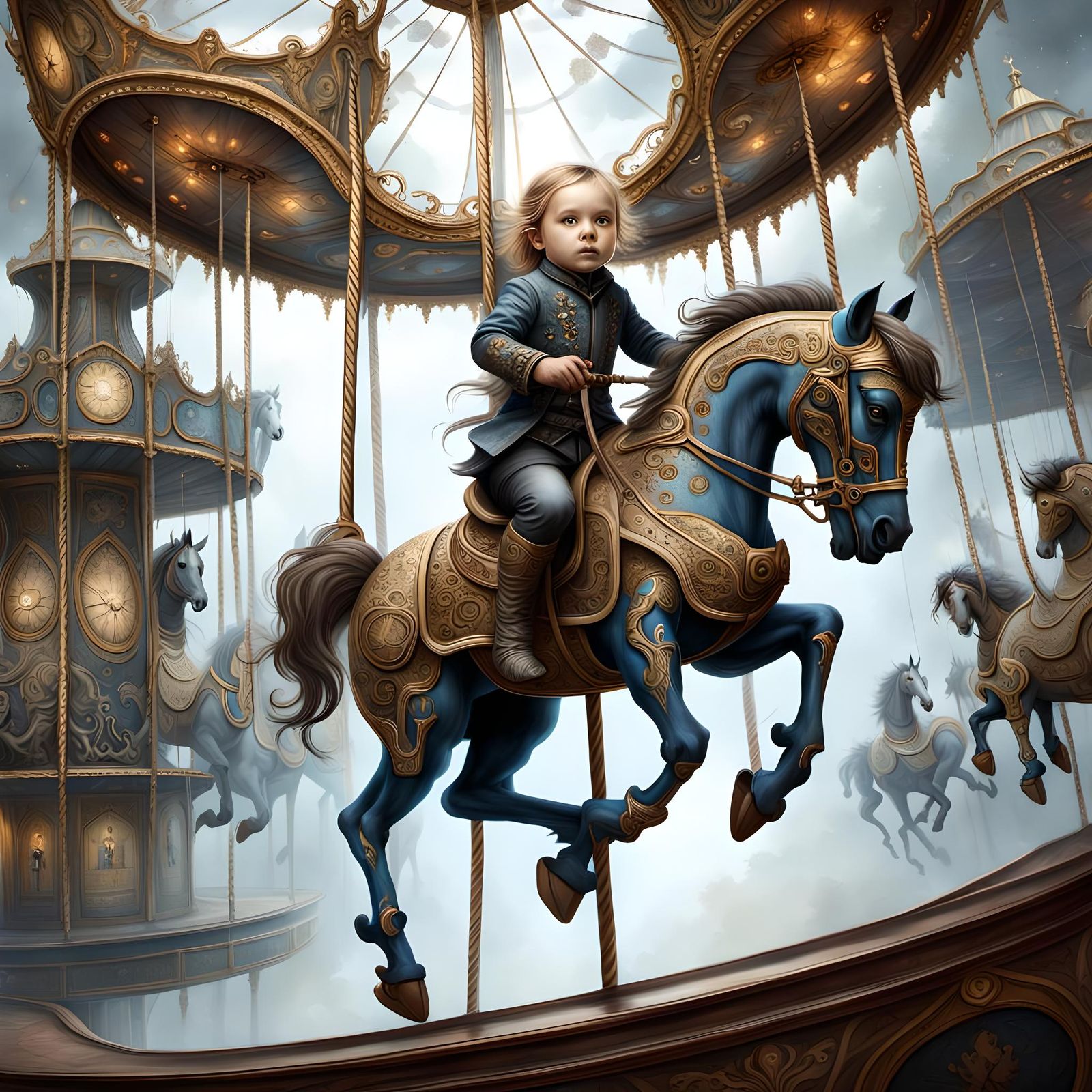 Toddler Rides Ornate Steampunk Carousel Horse