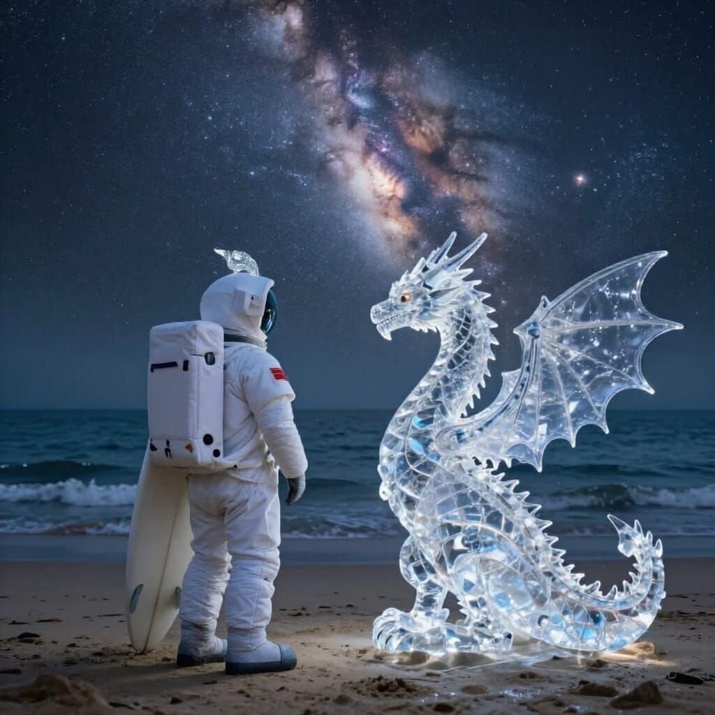 Astronaut and Crystal Dragon on Beach Gazing at Galactic Sea...