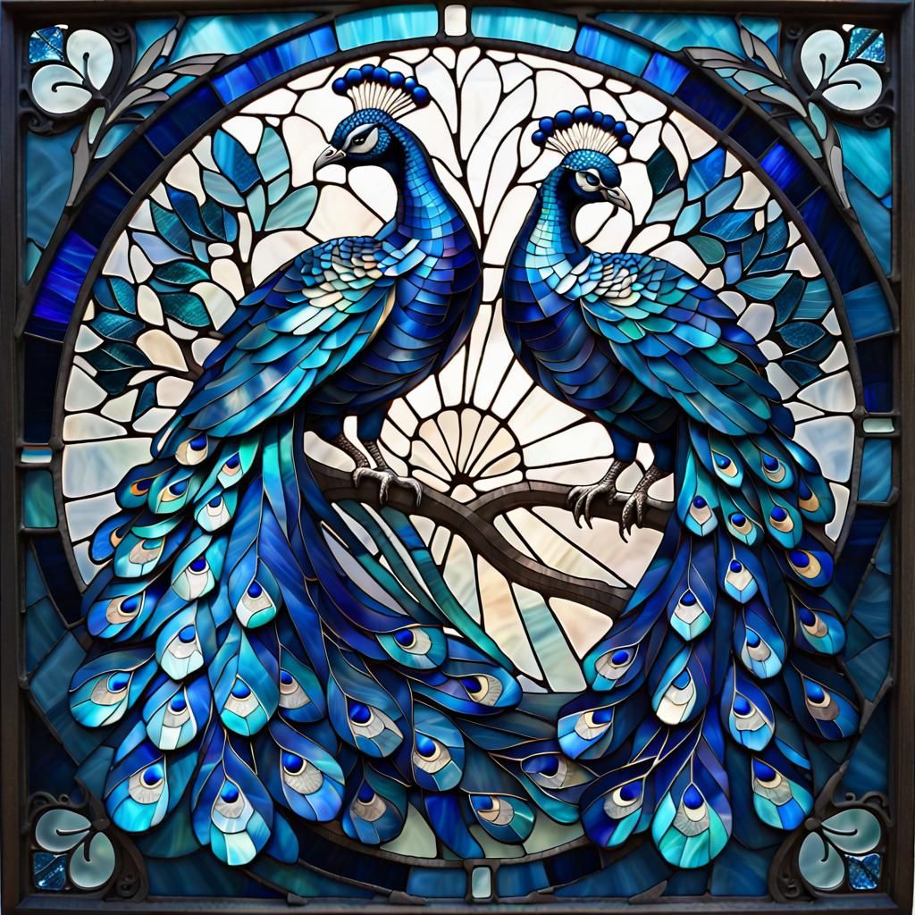 Blue Stained Glass Peacocks with Filigree Details