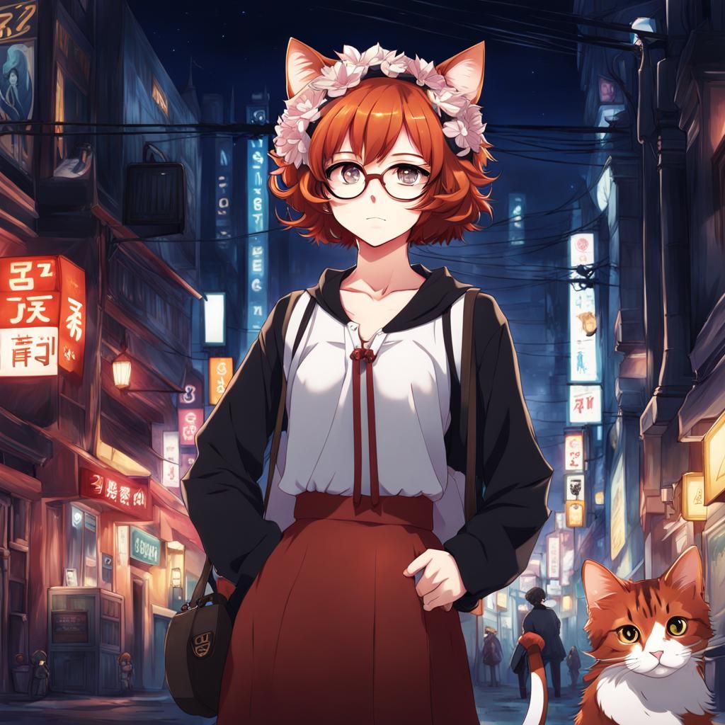 Anime Girl with Cat in Head: Manga Style