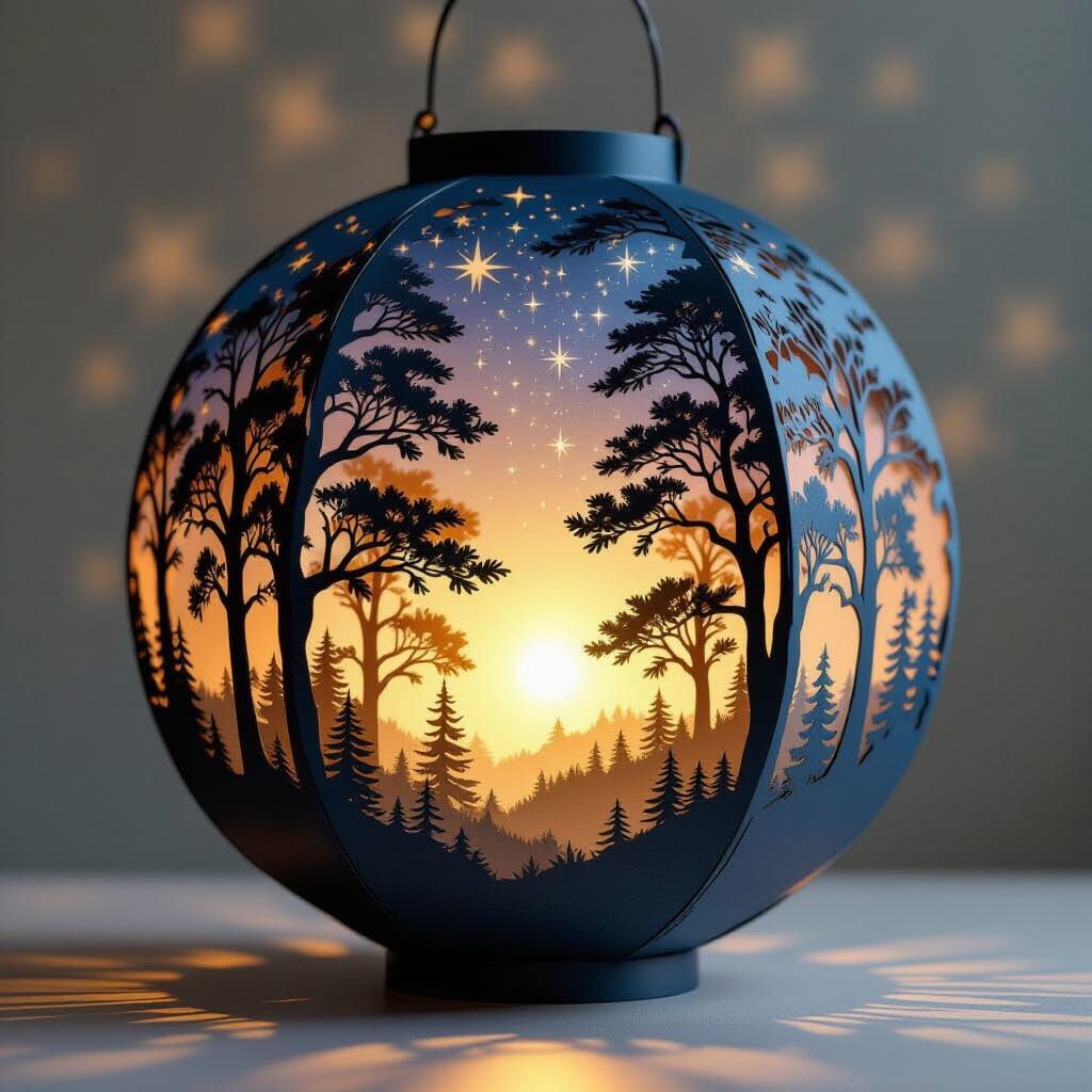 Intricate Paper Lantern with Forest and Stars
