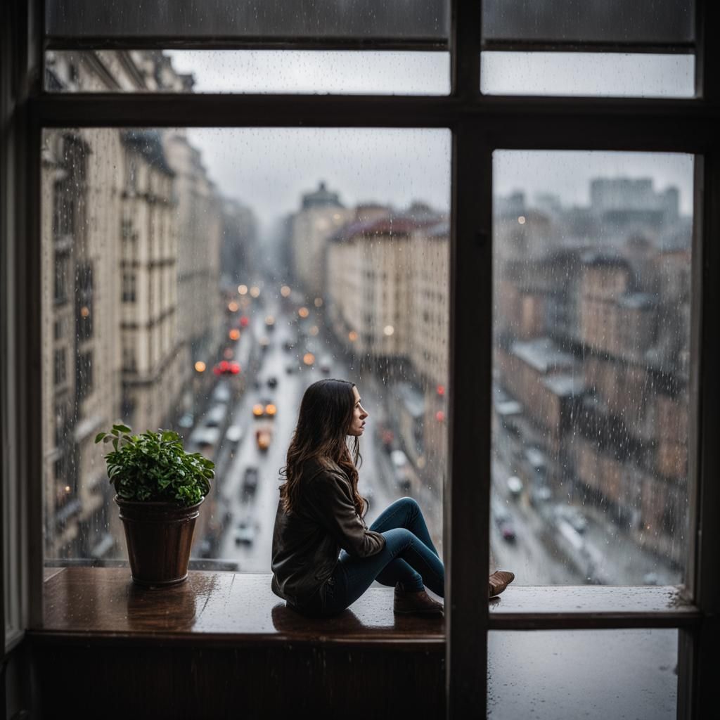 Woman Watching Rain from Window Seat