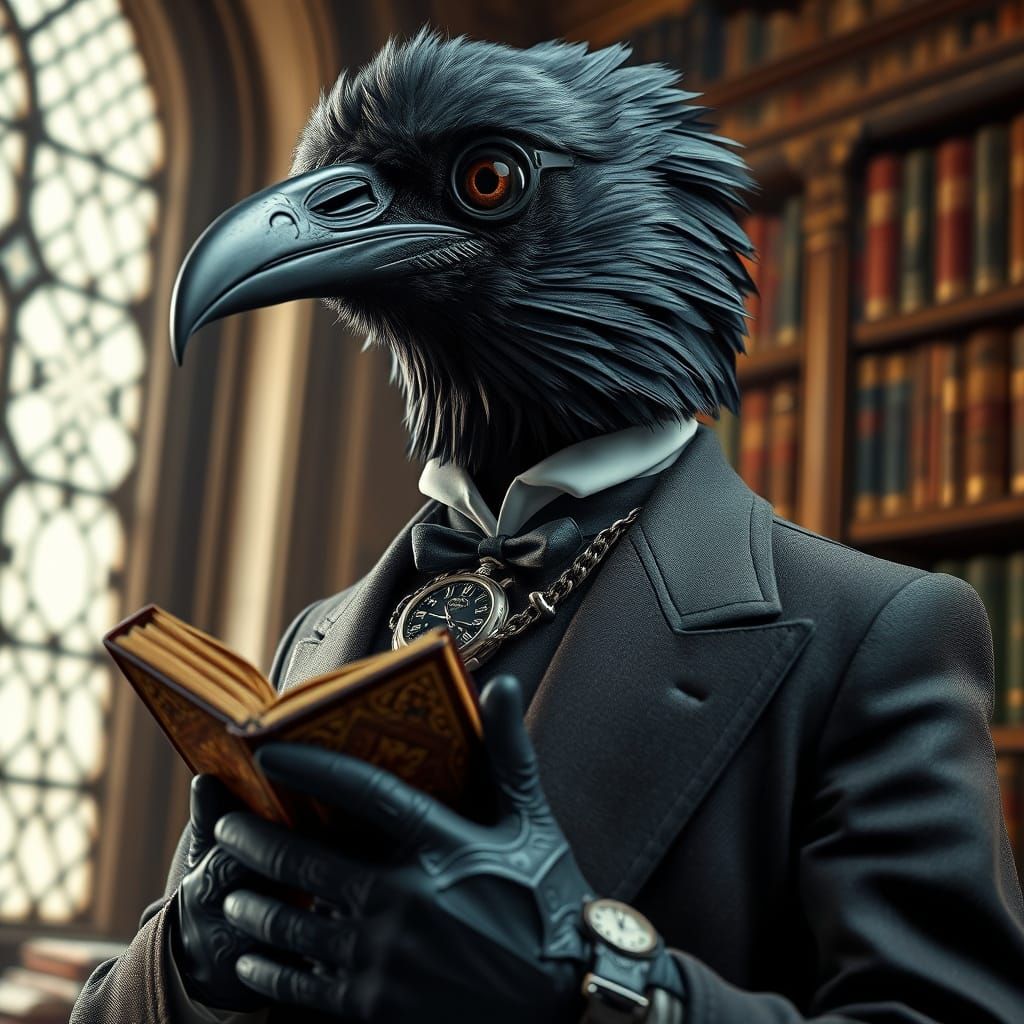 Friendly Victorian Raven in a Library Study