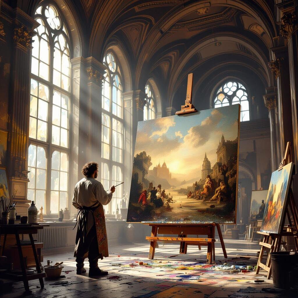 Artist in Ornate Hall About to Paint